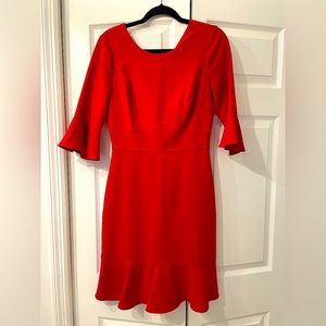 Red Flare-Sleeve Fluted Hem Dress